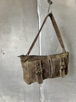 Vintage real leather handbag with buckle straps washed brown