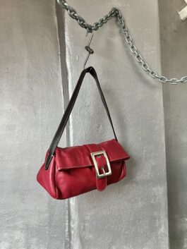 Vintage real leather shoulderbag with buckle strap red