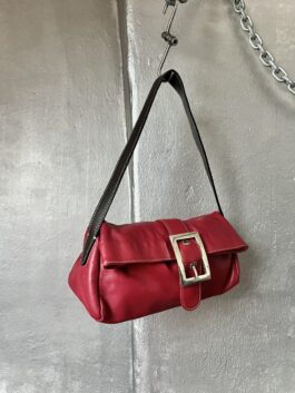Vintage real leather shoulderbag with buckle strap red