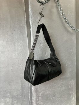 Vintage real leather handbag with chains strap black