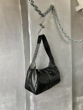 Vintage real leather handbag with chains strap black