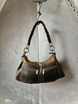 Vintage real leather shoulderbag with silver hardware washed brown