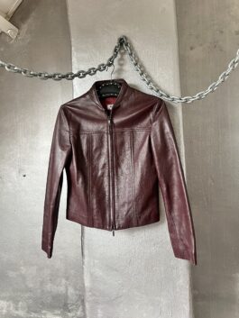 Vintage real leather racing jacket with double zip wine red