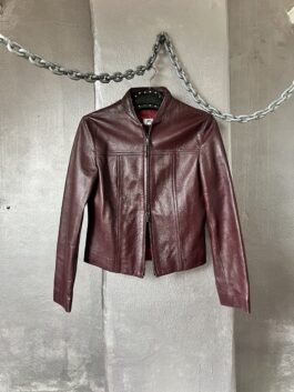 Vintage real leather racing jacket with double zip wine red