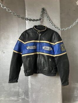 Vintage oversized real leather racing motor jacket blue black