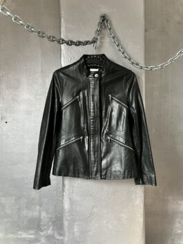 Vintage real leather jacket with zip details black