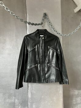 Vintage real leather jacket with zip details black