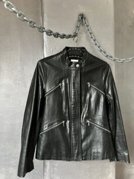 Vintage real leather jacket with zip details black