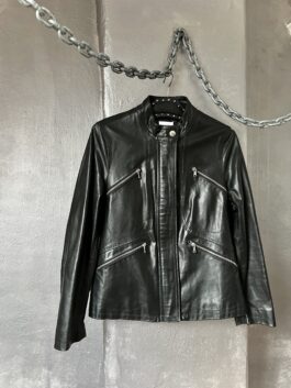 Vintage real leather jacket with zip details black