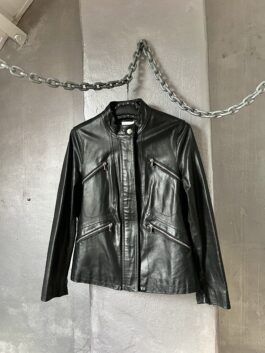 Vintage real leather jacket with zip details black