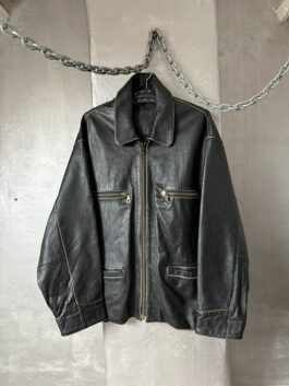 Vintage oversized real leather racing jacket washed black