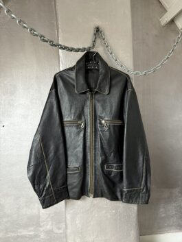 Vintage oversized real leather racing jacket washed black