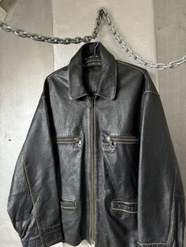 Vintage oversized real leather racing jacket washed black