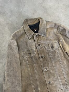 Vintage real leather rough denim look jacket washed brown