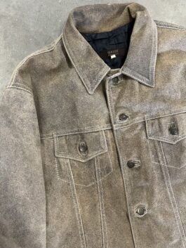 Vintage real leather rough denim look jacket washed brown