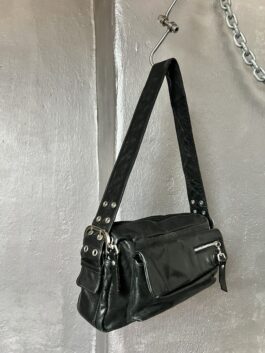 Vintage real leather shoulderbag with buckle straps black