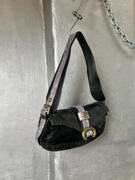 Vintage real leather shoulderbag with bronze hardware and snakeskin black