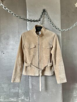 Vintage real leather suede jacket with belt beige