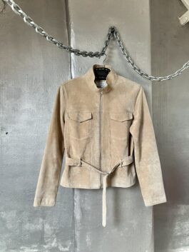 Vintage real leather suede jacket with belt beige