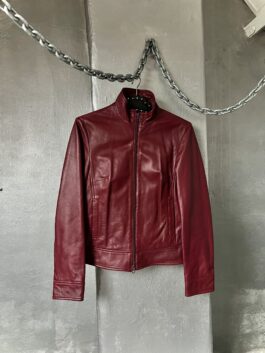 Vintage real leather racing jacket with double zip wine red