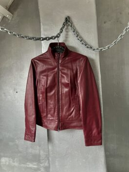 Vintage real leather racing jacket with double zip wine red