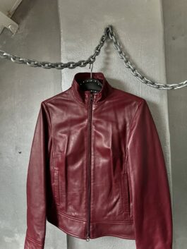 Vintage real leather racing jacket with double zip wine red