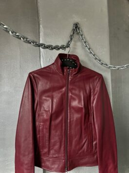 Vintage real leather racing jacket with double zip wine red