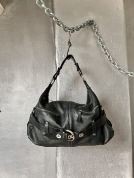 Vintage real leather shoulderbag with silver hardware black