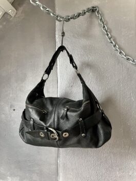 Vintage real leather shoulderbag with silver hardware black