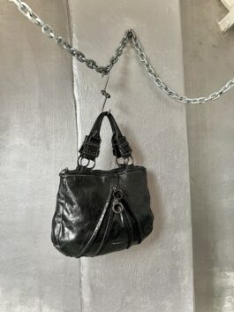 Vintage real leather handbag with buckle straps black