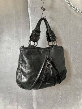 Vintage real leather handbag with buckle straps black