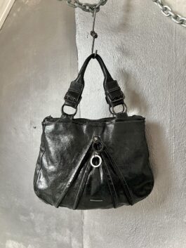 Vintage real leather handbag with buckle straps black