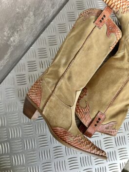 Vintage genuine leather heeled suede snakeskin boots beige