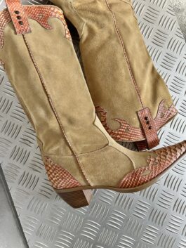 Vintage genuine leather heeled suede snakeskin boots beige