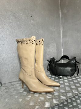 Vintage genuine leather heeled boots beige