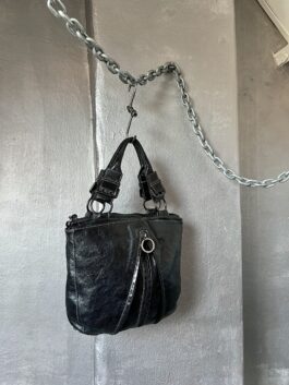 Vintage real leather handbag with buckle straps black