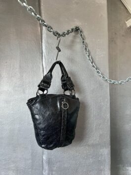 Vintage real leather handbag with buckle straps black