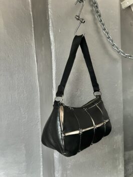 Vintage real leather shoulderbag with silver hardware black