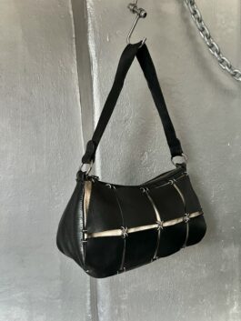 Vintage real leather shoulderbag with silver hardware black