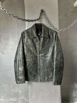 Vintage oversized real leather racing jacket washed grey green