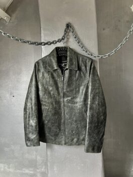 Vintage oversized real leather racing jacket washed grey green