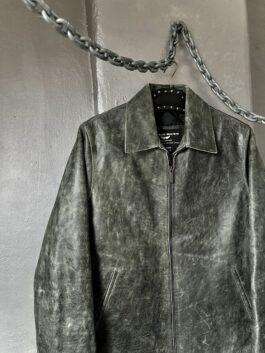 Vintage oversized real leather racing jacket washed grey green