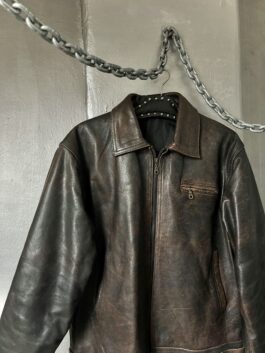 Vintage oversized real leather racing jacket washed brown