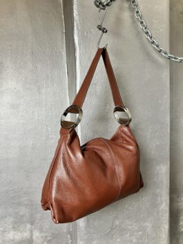 Vintage real leather shoulderbag with silver hardware brown