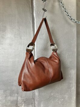 Vintage real leather shoulderbag with silver hardware brown