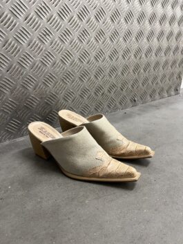 Vintage genuine leather heeled mules with snakeskin beige