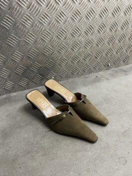 Vintage genuine leather suede heeled mules khaki