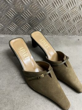 Vintage genuine leather suede heeled mules khaki