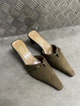 Vintage genuine leather suede heeled mules khaki