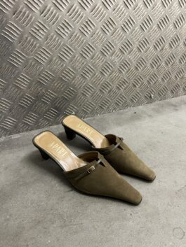 Vintage genuine leather suede heeled mules khaki